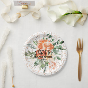 Gold Wedding Ring Pattern with Orange Roses Paper Plate