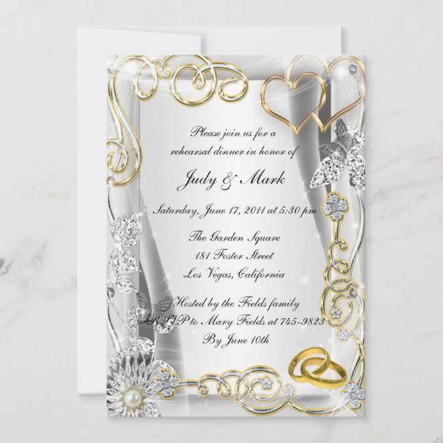 Gold Wedding Rings Hearts Rehearsal Dinner Invite (Front)