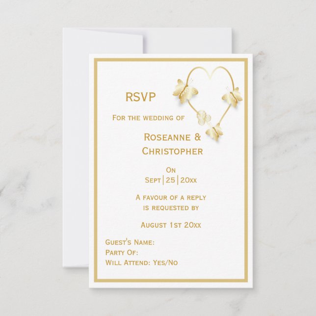 Gold Wedding RSVP Card Butterflies Heart (Front)