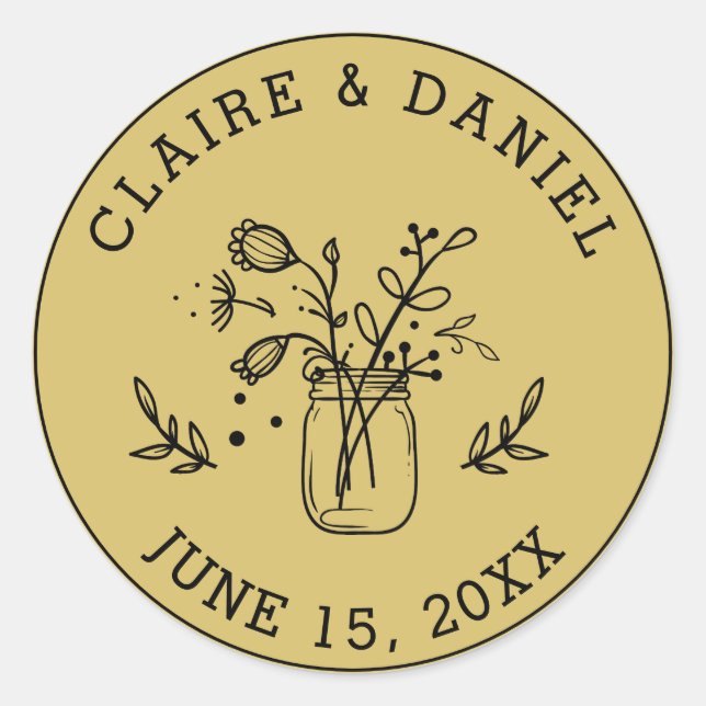 Gold Wedding Save the Date Mason Jar Flowers  Classic Round Sticker (Front)