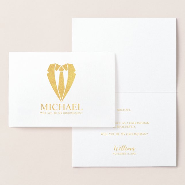 Gold Wedding Suit Personalized Groomsman Proposal Foil Card (Display)