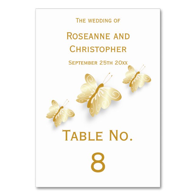 Gold Wedding Table Number Card Butterflies Design (Front)