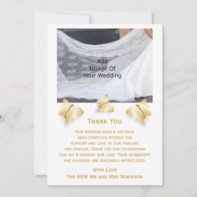 Gold Wedding Thank You Card Butterflies Design (Front)