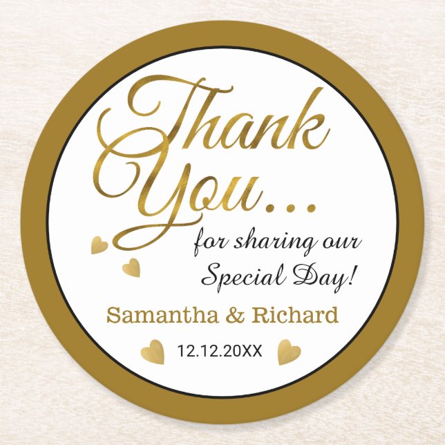 Gold Wedding Thank You Favour Name Personalized  Round Paper Coaster (Front)