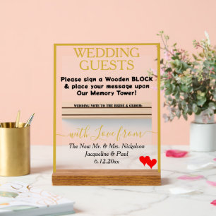 Gold Wedding Wooden Block Names Red Hearts  Acrylic Sign