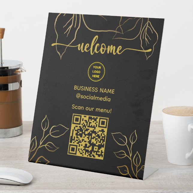 Gold Welcome Sign With QR Code For Menu Sign (In SItu)