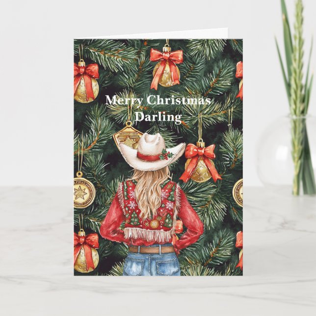 Gold Western Blond Cowgirl Christmas  Card (Front)