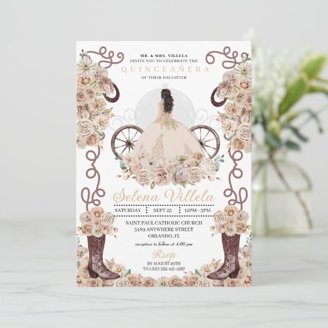 Gold Western Cinderella Carriage Quinceañera Invitation (Standing Front)