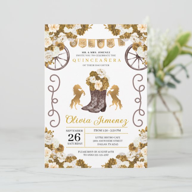 Gold Western Mariachi Charro Boots Quinceañera Invitation (Standing Front)