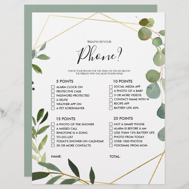 Gold What's on your Phone Bridal Shower Game (Front/Back)
