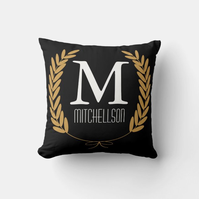 Gold Wheat Laurels on Black - Personalized Throw Pillow (Front)