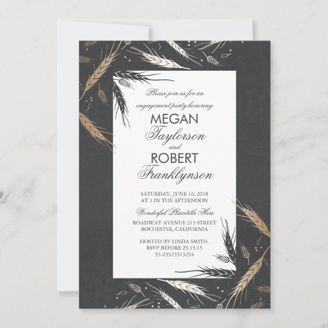 Gold Wheat Rustic Modern Fall Engagement Party Invitation (Front)