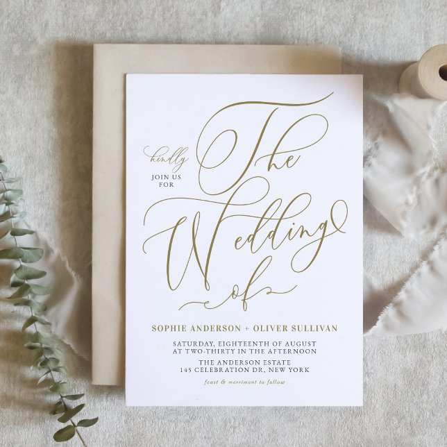 Gold Whimsical Calligraphy QR Code Wedding Invitation (Gold Whimsical Calligraphy Wedding QR Code Invitation)