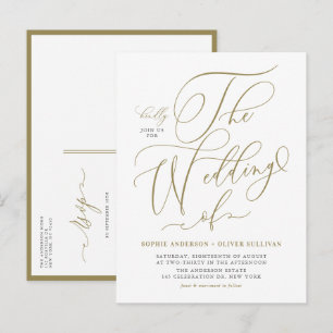 Gold Whimsical Calligraphy Wedding Invitation Postcard