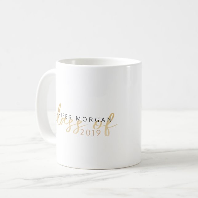 Gold Whimsical Script | Graduation Name Card Coffee Mug (Front Left)