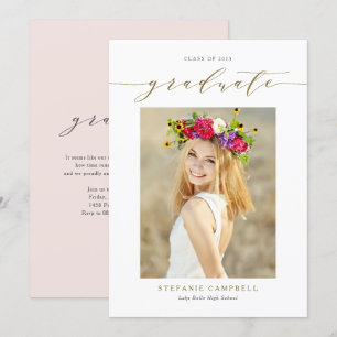 Gold Whimsical Script Photo Graduation Announcement