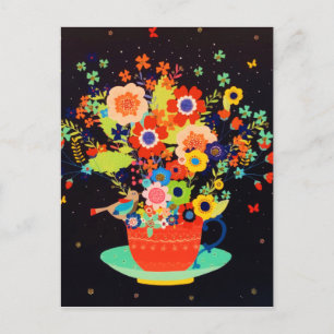 Gold Whimsical Teacup Floral Bird Glitter Holiday Postcard