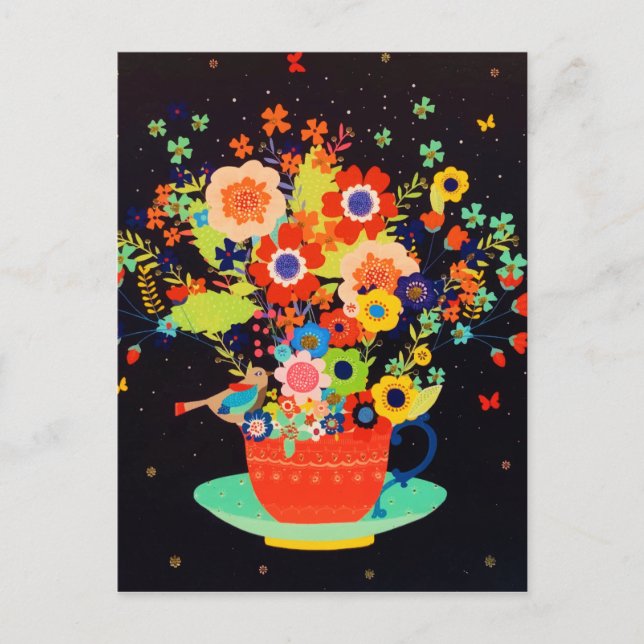 Gold Whimsical Teacup Floral Bird Glitter  Holiday Postcard (Front)