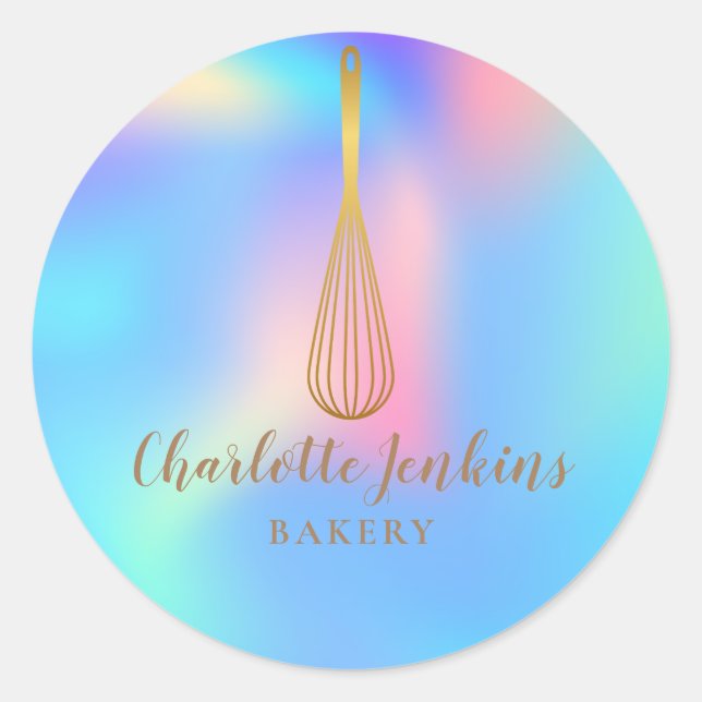 Gold Whisk Bakery Patisserie Rainbow Holographic Classic Round Sticker (Front)