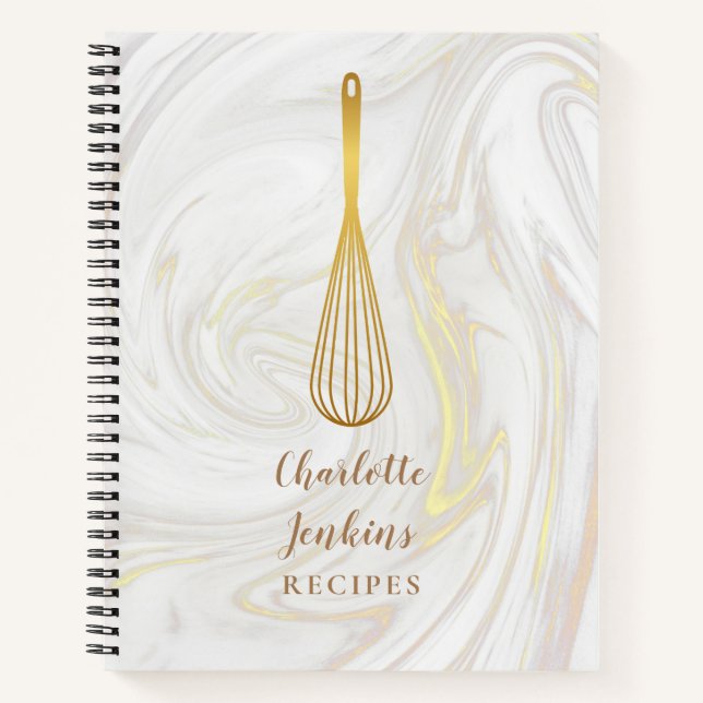 Gold Whisk Marble Swirls Recipe Cookbook Notebook (Front)