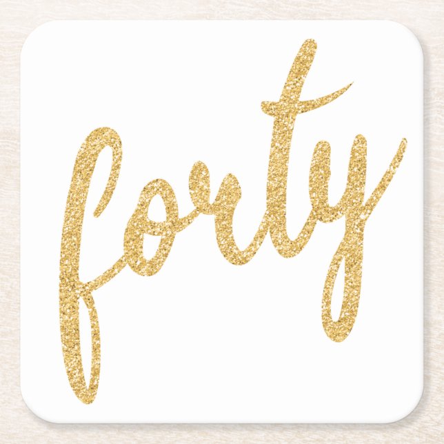 Gold White 40 Birthday Party Glitter "Forty" Square Paper Coaster (Front)