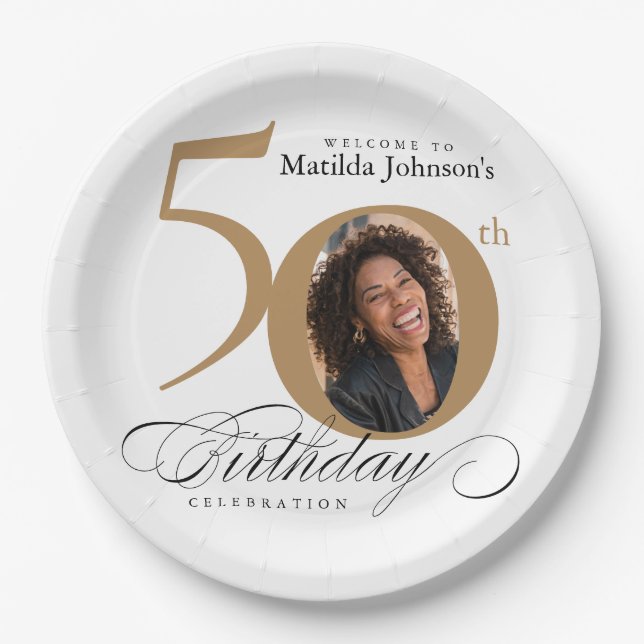 Gold White 50th Birthday Calligraphy Custom Photo Paper Plate (Front)
