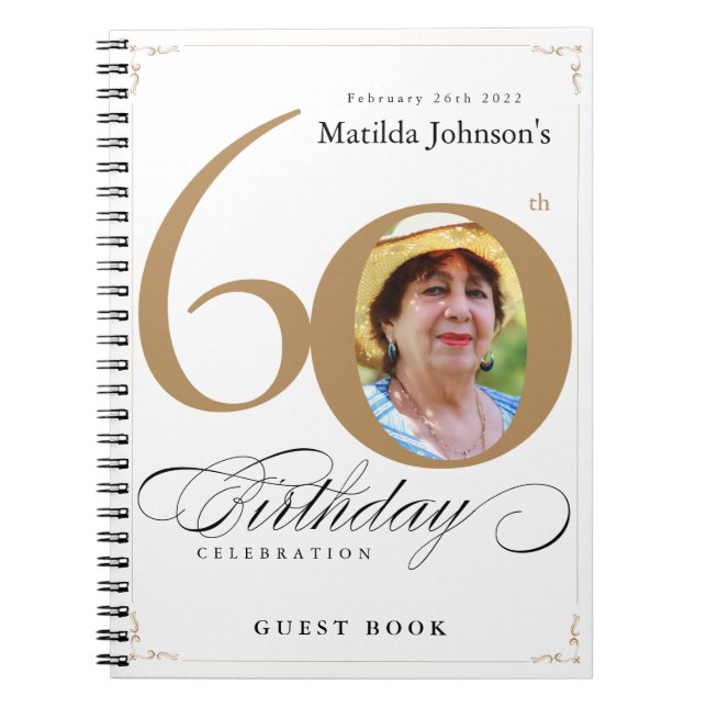 Gold White 60th Birthday Calligraphy Guestbook Notebook (Front)