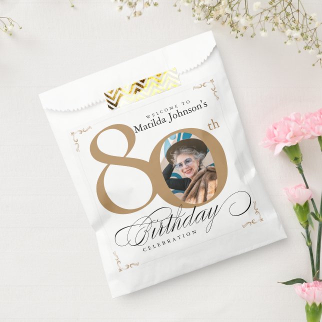 Gold White 80th Birthday Calligraphy Custom Photo Favour Bag (Sealed)