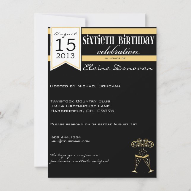 Gold, White and Black Champagne 60th Birthday Invitation (Front)