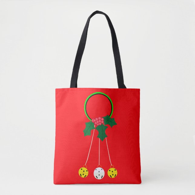Gold, White and Green Jingle Bells Wreath Tote Bag (Front)