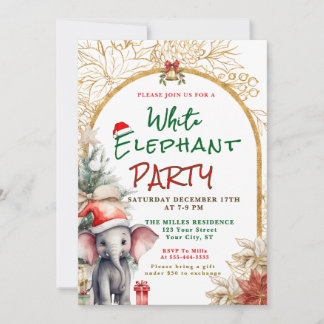 Gold, White And Green White Elephant Gift Exchange Invitation