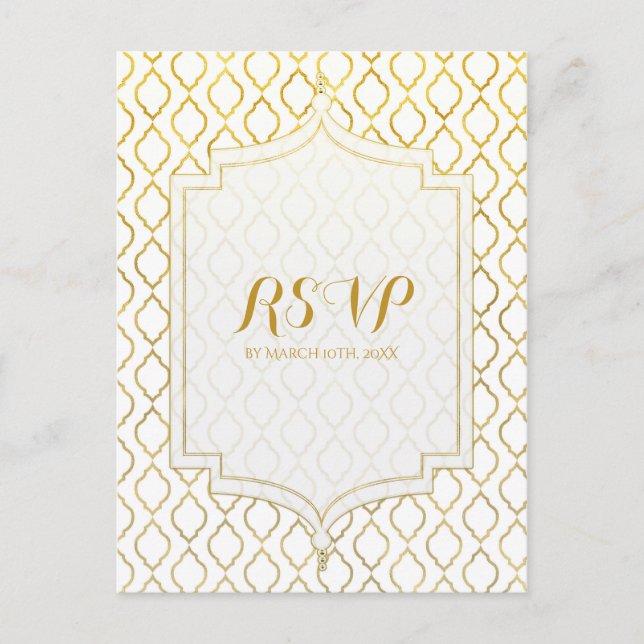 Gold & White Arabian Moroccan Glam Wedding RSVP Invitation Postcard (Front)