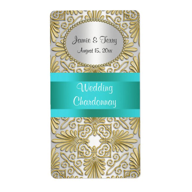 Gold White Art Deco Damask DIY Party Wine Label (Front)