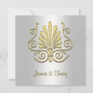 Gold White Art Deco Damask Wedding Invite 2