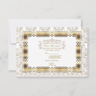Gold White Art Deco Gatsby 20s Style Wedding RSVP Card