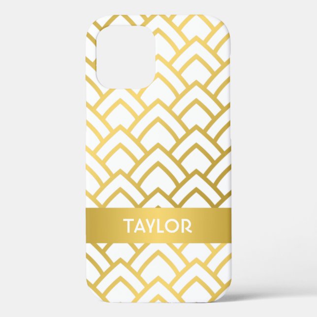 Gold White Art Deco Geometric Pattern Personalize Case-Mate iPhone Case (Back)