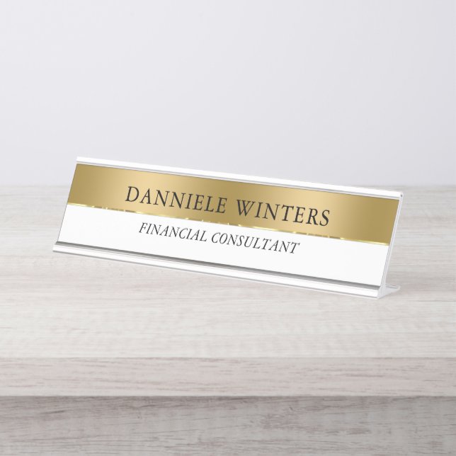 Gold & White Background Black Typography Desk Name Plate (Front)