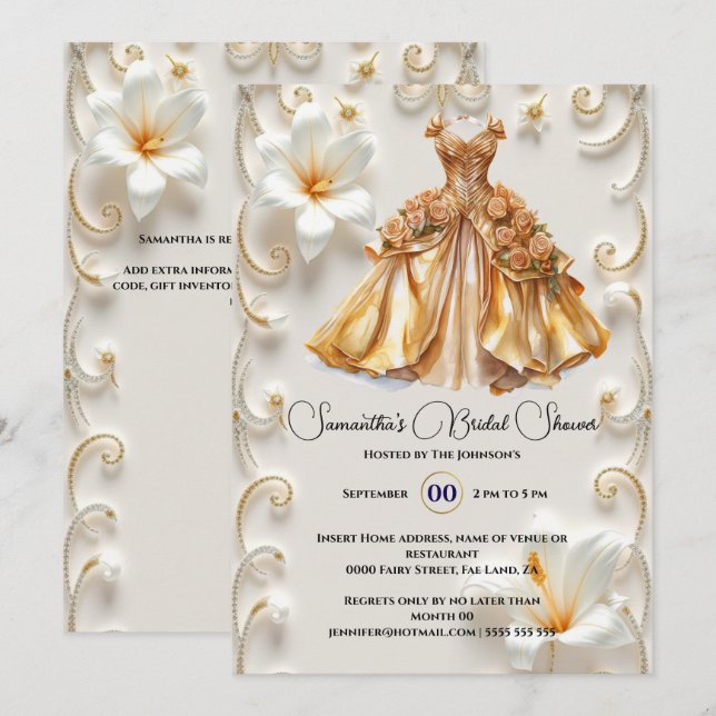 Gold white ballgown bride to be bridal shower invitation (Front/Back)