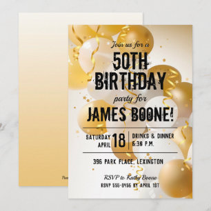 Gold White Balloons Birthday Party Invitations