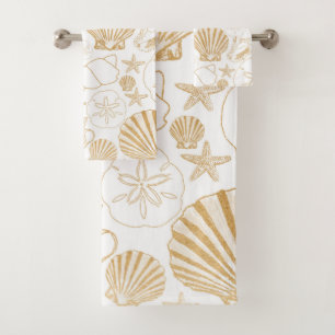 Gold White Beach themed bath decor, sea shells Bath Towel Set