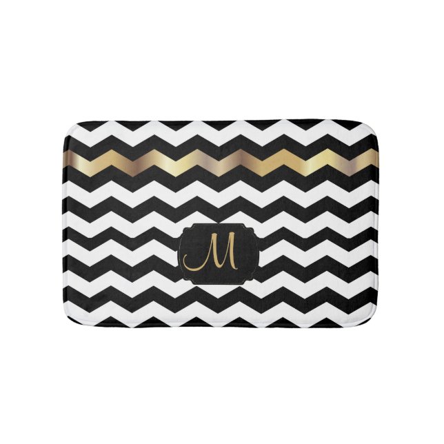 Gold, White & Black Chevron Design Bath Mat (Front)