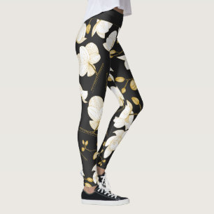 Gold, white & black elegant orchid floral modern leggings
