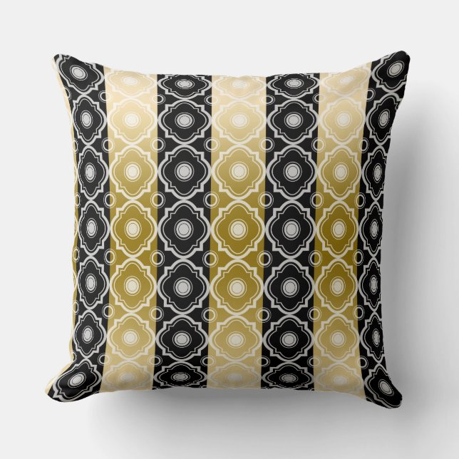 Gold White & Black Stripes & Quatrefoil Geometric Throw Pillow (Front)