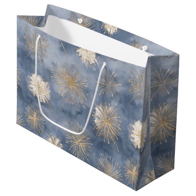 Gold White Blue Glitter Fireworks Large Gift Bag (Front Angled)