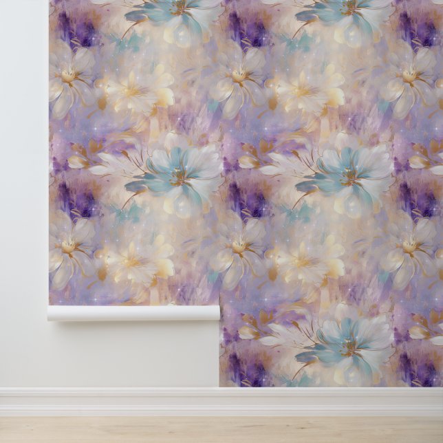 Gold White Blue Purple Abstract Floral Wallpaper (Application)