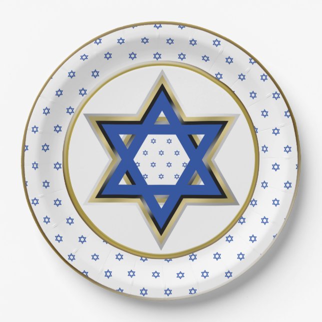 Gold White Blue Star of David Gold Ring Trim Paper Plate (Front)