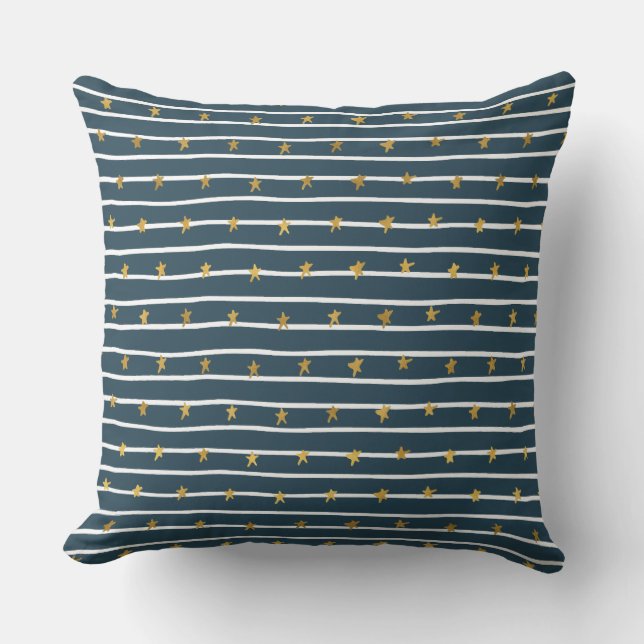 Gold White Blue Stars and Stripes Throw Pillow (Front)
