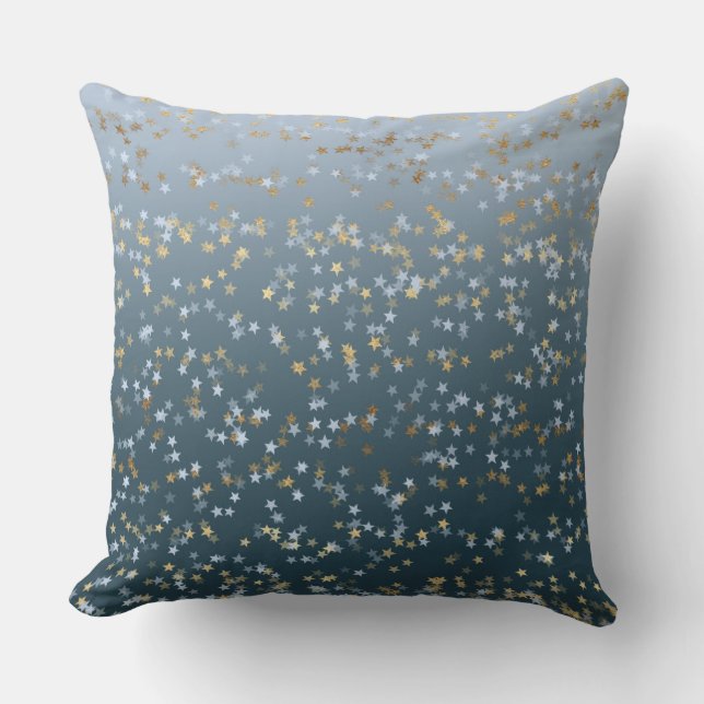 Gold White Blue Stars Shine Bright Throw Pillow (Front)