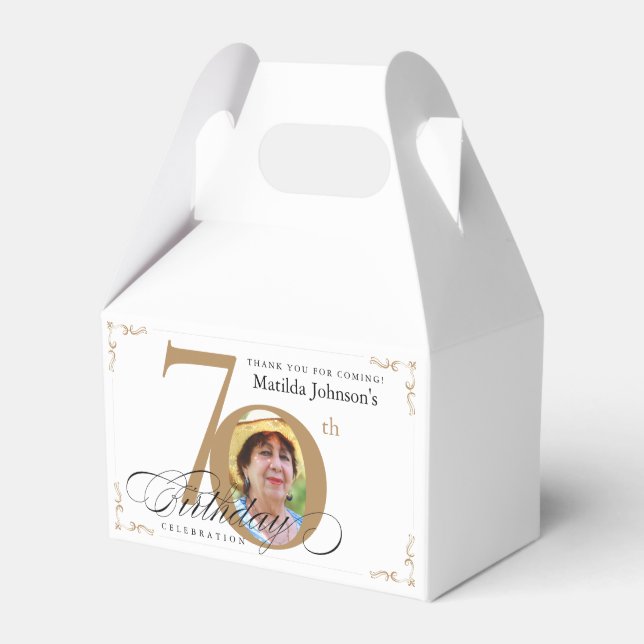 Gold White Calligraphy Custom Photo 70th Birthday Favor Box (Front Side)
