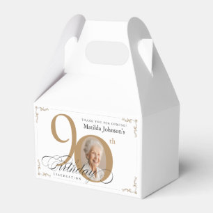 Gold White Calligraphy Photo Elegant 90th Birthday Favor Box